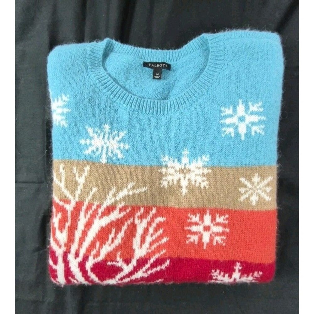 Talbots Rainbow Striped Winter Scene Sweater Womens Size M Lambswool/Mohair